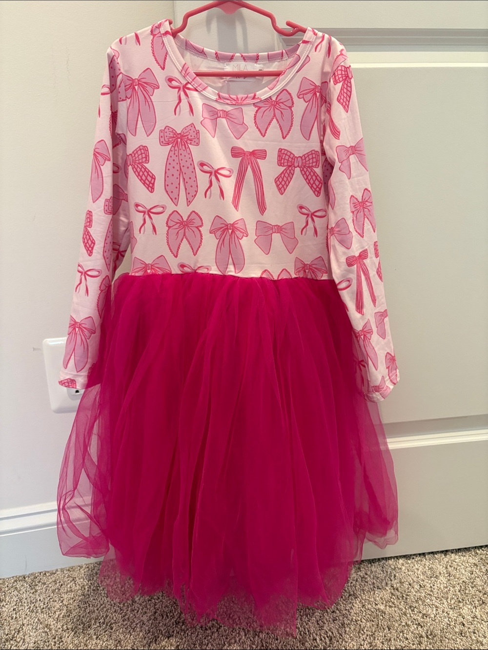 Girls Pink Bow Print Tulle Dress - Hot Pink Tulle Skirt